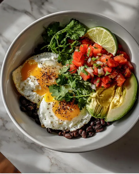 Burrito bowl with fried eggs, black beans and avocado