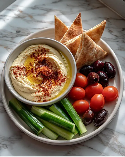 Hummus plate with pita, olives and fresh vegetables