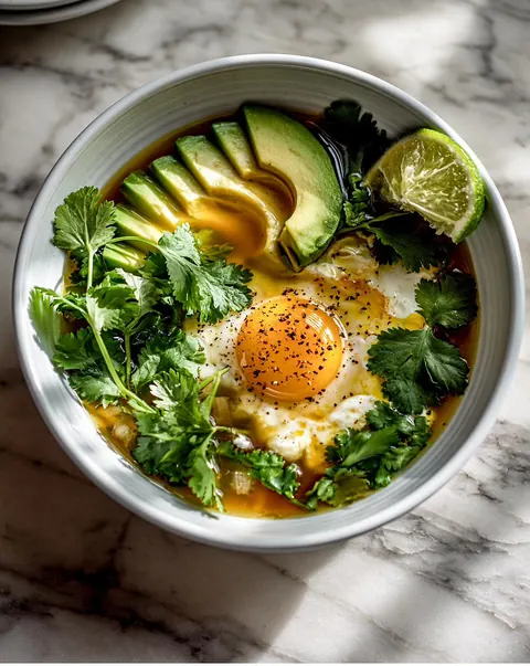 Soup bowl with a poached egg, avocado and herbs