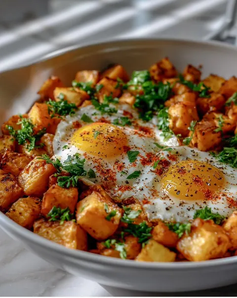 Sweet potato hash with fried eggs