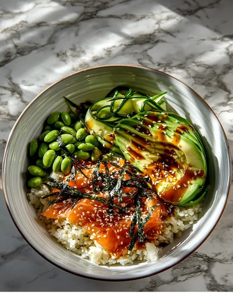 Salmon rice bowl with edamame and avocado