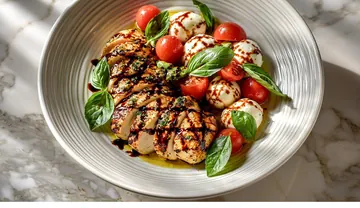 Grilled chicken with mozzarella, cherry tomatoes and basil