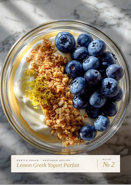 Featured recipe page with a full-bleed photo of a yogurt parfait