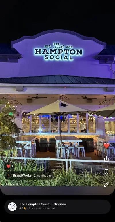 The Hampton Social Orlando restaurant photo — 184,806 Google Maps views, BrandWorks 2026