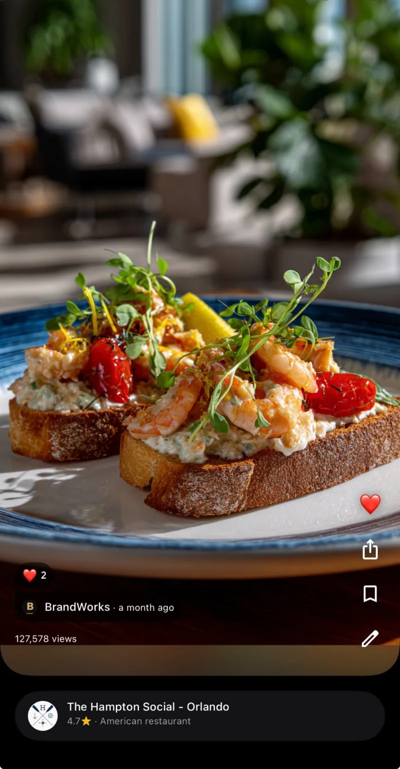 The Hampton Social Orlando restaurant photography — 127K Google Maps views 2026, AI-enhanced food content by BrandWorks