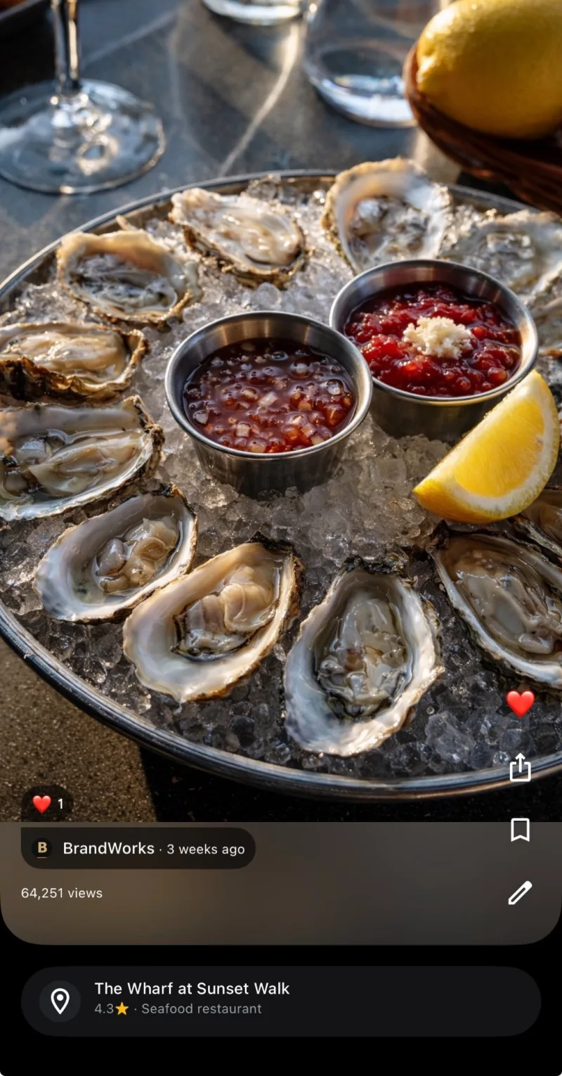 The Wharf at Sunset Walk seafood photo — 64K Google Maps views 2026, restaurant visual content BrandWorks Orlando 2026